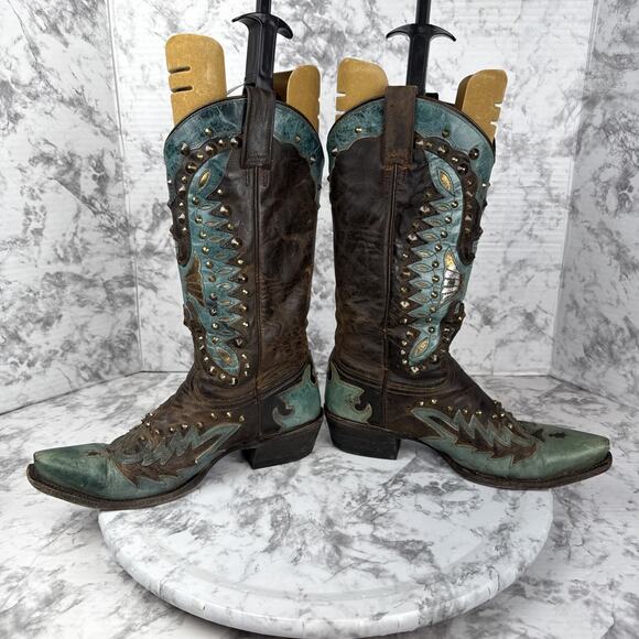 Stetson Thunderbird Studded Eagle Boot Size 7.5 Western Brown Turquoise Leather - Picture 7 of 11